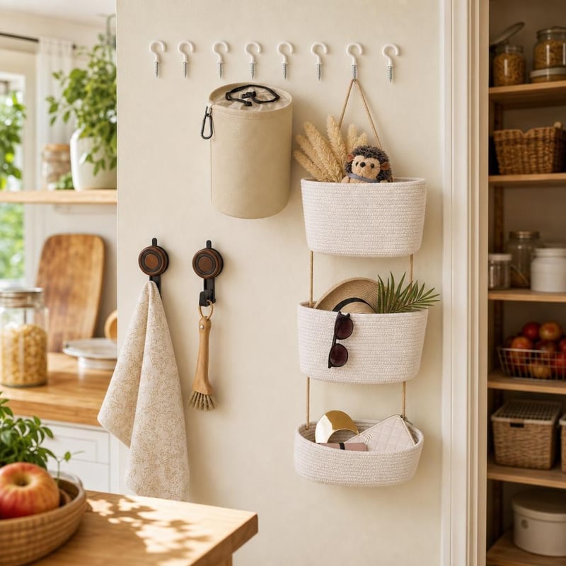 Set za organizaciju doma: 30x kuka + 2x vakuumska kuka + viseća torba + zidna košara na 3 kata