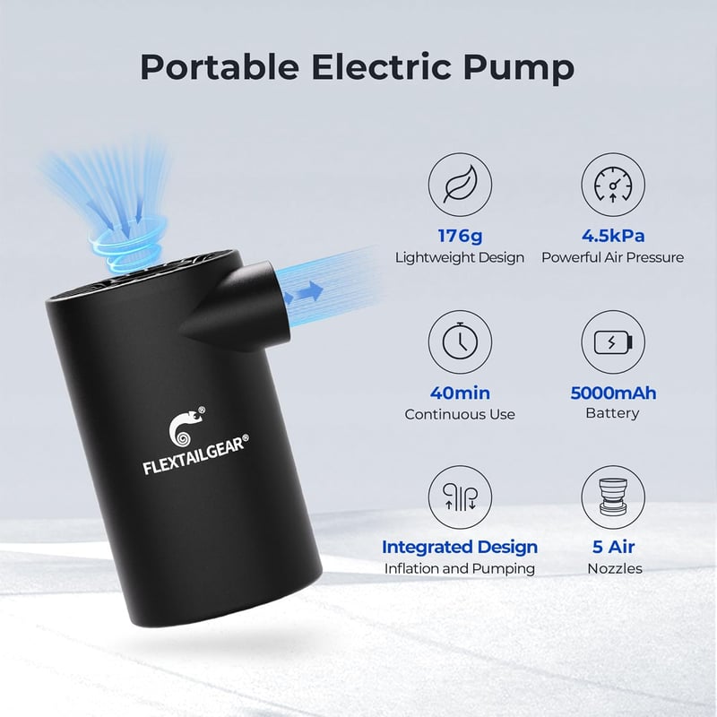 Hordozható Elektromos Légpumpa 5 Fejjel - 3800mAh Akkus, Fekete (Újracsomagolt)