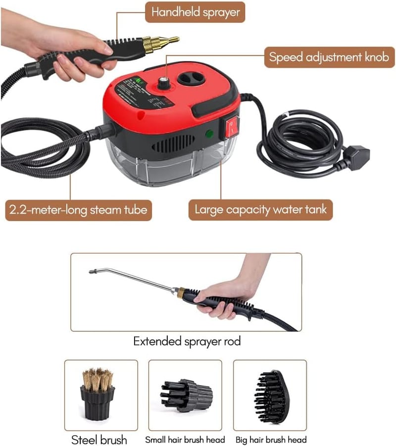 Hombasing 2500W Kézi Gőztisztító 1000ml Tartállyal - 6 Sebességgel, 3 Kefefejjel - Konyha, Fürdő, Autó, Ablak Tisztításához (Piros)