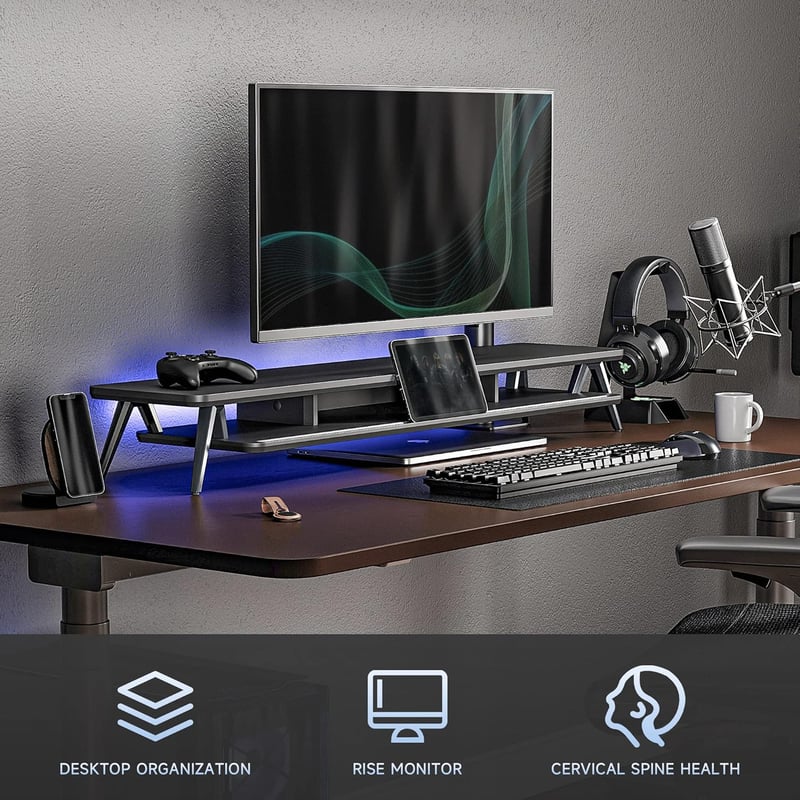 Fenge Dupla Monitortartó Állvány Telefon/Tablet Tartóval, 2 Szintes Nagy Multifunkciós Számítógép Laptop Képernyőemelő, 108x23,5x14,5 cm, Fe