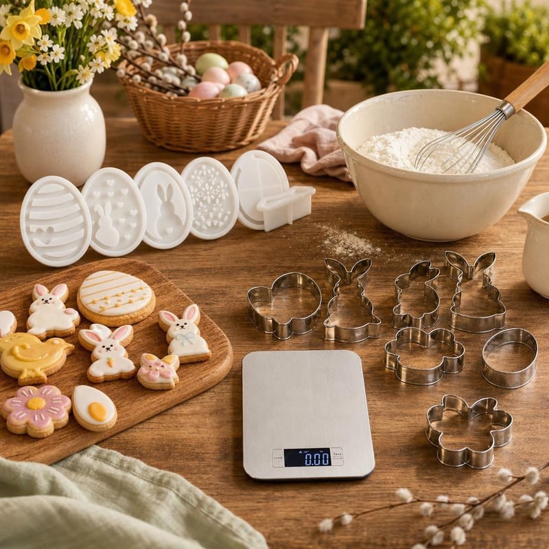 Húsvéti sütivarázs: 6 db nyúlforma + 8 db kiszúró + 5 kg-os konyhai mérleg