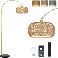 Rayofly Arany Ívelt Állólámpa Rattan Lámpaernyővel - Modern Boho Padlólámpa Távirányítóval, LED Izzóval, Alkalmazásvezérléssel, Fényerőszabá 1