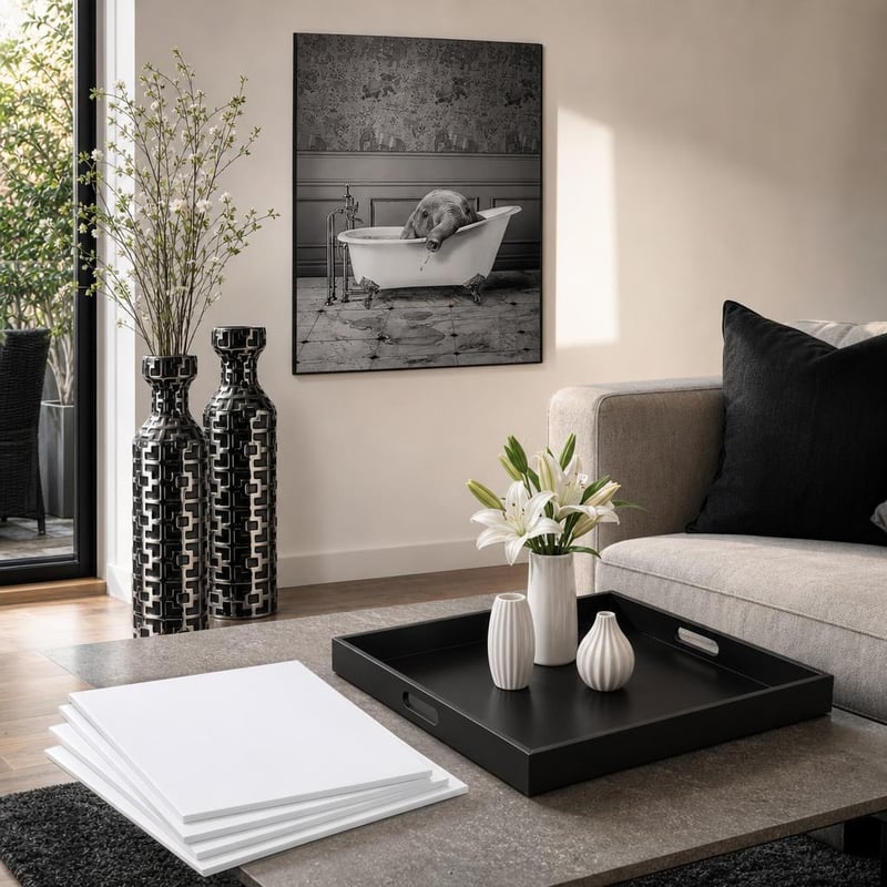 Set Decorativ Monocrom: 2 vaze podea + tablou alb-negru + tavă neagră + 5 plăci spumă A4