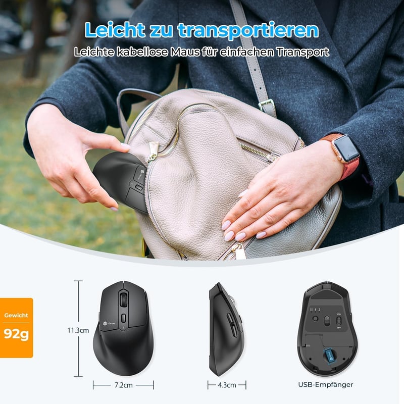 iClever MD360 Ergonomikus Bluetooth Egér - Vezeték Nélküli USB-C Tölthető Egér Jiggler Funkcióval, Csendes Kattintás, 3 Eszköz Csatlakoztatá