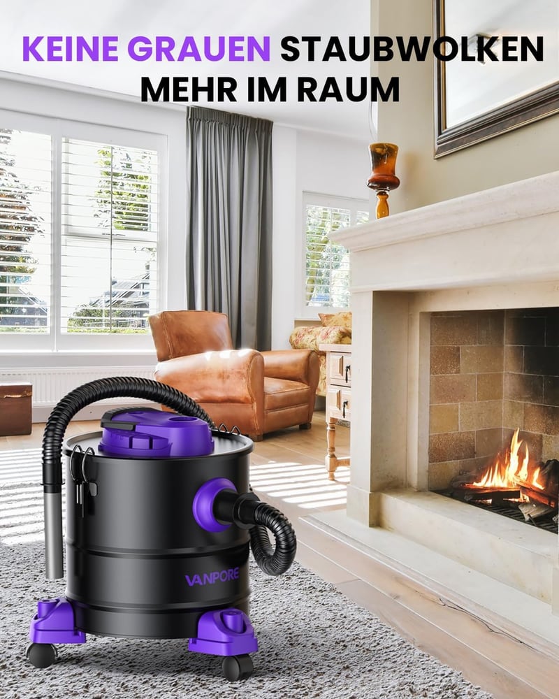 VANPORE 20L Hamuporszívó Kandallóhoz - 1200W Nagy Szívóerő, Görgős Talppal, Kandalló, Pellet Grill, Sütő és Tűzrakóhely Tisztításához (Lila)