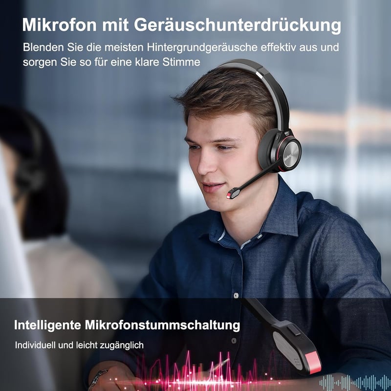 Beebang Vezeték Nélküli Headset, Mono Bluetooth 5.2 Mikrofonos Fejhallgató USB Adapterrel PC-hez, 30 Órás Üzemidő, Mac, Skype, Teams, Zoom K