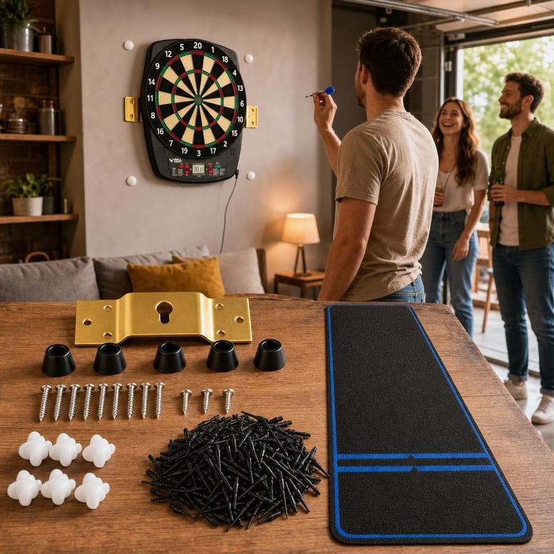 Set complet Darts: tabelă electronică + suport perete + 200 vârfuri + 6 protecții + covoraș antiderapant
