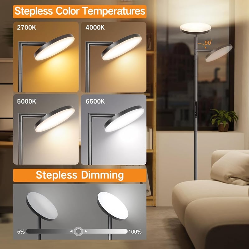 OUTON 2 az 1-ben LED Állólámpa 30W/3000LM - Távirányítós, Érintésvezérelt, 4 Színhőmérséklet, Időzítő, Olvasólámpa Nappaliba, Hálóba, Irodáb