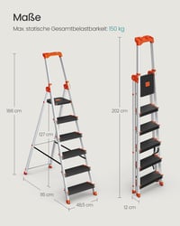 Songmics 6 Lépcsős Alumínium Létra, 186 cm Magas, 150 kg Teherbírású, Összecsukható Háztartási Fellépő, Otthoni és Kerti Munkákhoz 3