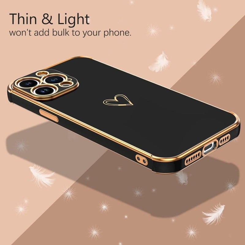 iPhone 13 Pro Szívecskés Ütésálló Tok - Fekete-Rosegold Szilikon Védőtok