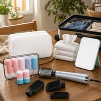 Set complet pentru călătorii: geantă + 8 flacoane 90ml + perie rotativă + 168 șervețele + oglindă 1