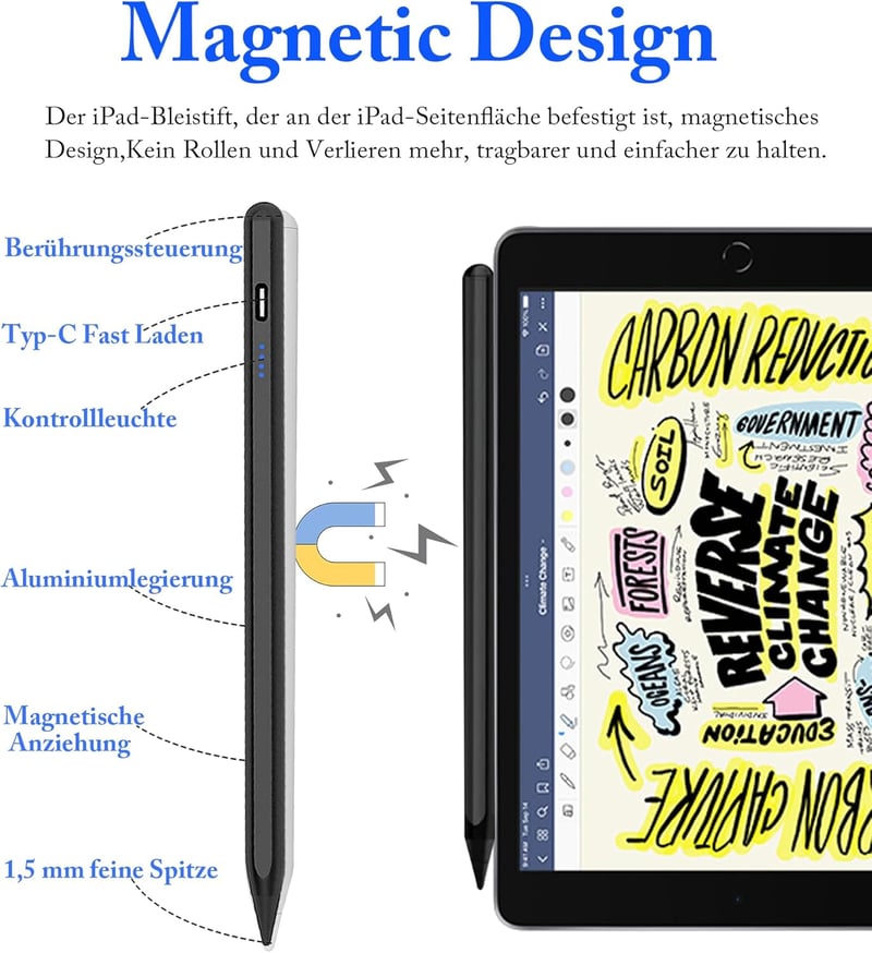 iPad és Android kompatibilis érintőceruza - Kenkor mágneses, 1,5 mm-es hegyű, USB-C töltésű stylus (fekete)