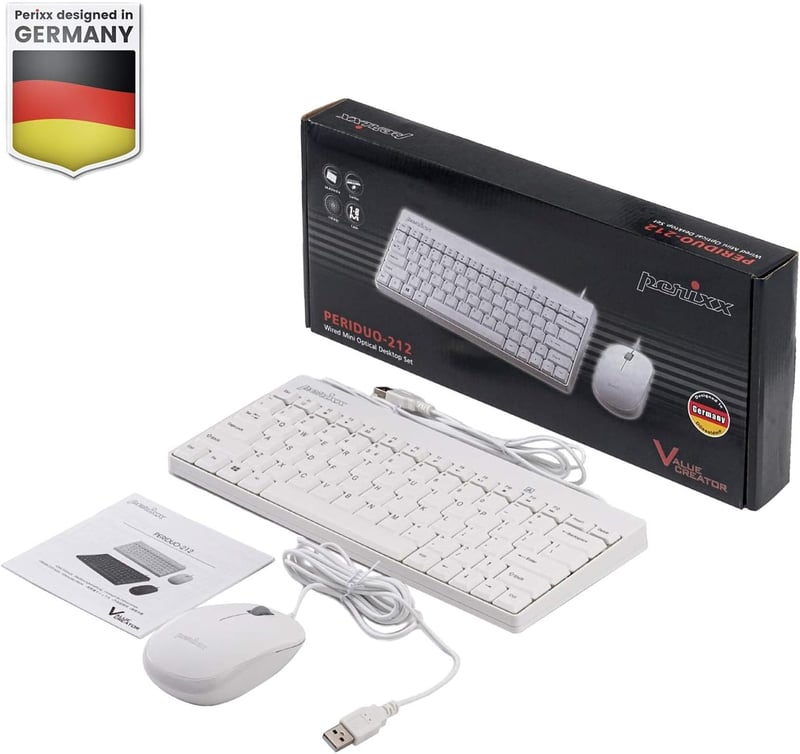 Perixx PERIDUO-212 Kompakt Mini Billentyűzet és Egér Szett, USB Kábeles, Német Kiosztás, Fehér, 1000 DPI, Windows Kompatibilis