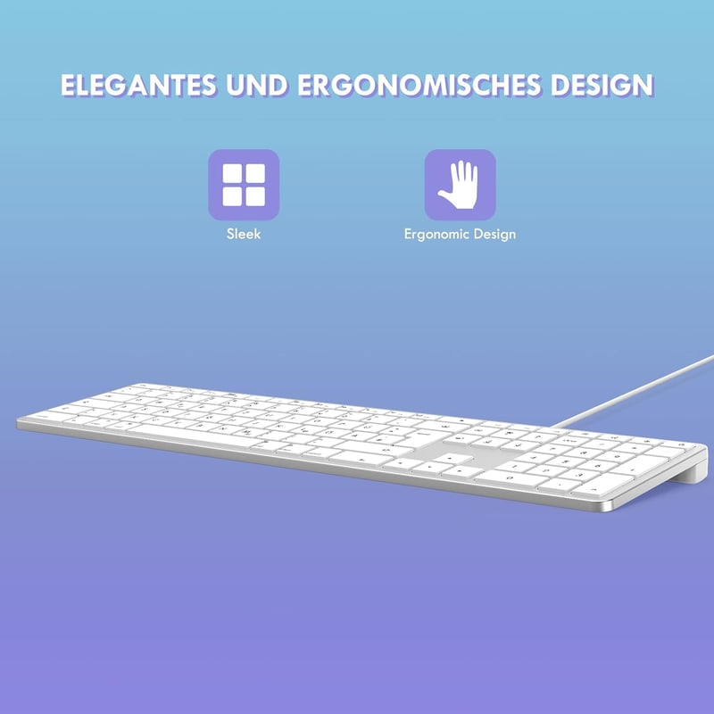 seenda Vezetékes Mac Billentyűzet, Kábellel és Type C/USB Porttal, Német QWERTZ Layout, Kizárólag Mac OS/iOS Rendszerekhez, Ezüst-Fehér