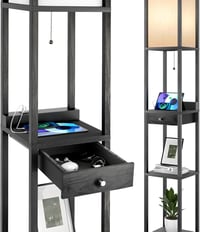 OUTON Fekete Állólámpa Polccal és Fiókkal - Fényerőszabályozós Fa Lámpa 3 Színhőmérséklettel, 2 USB Porttal, E27 Izzóval Nappaliba, Hálószob 1