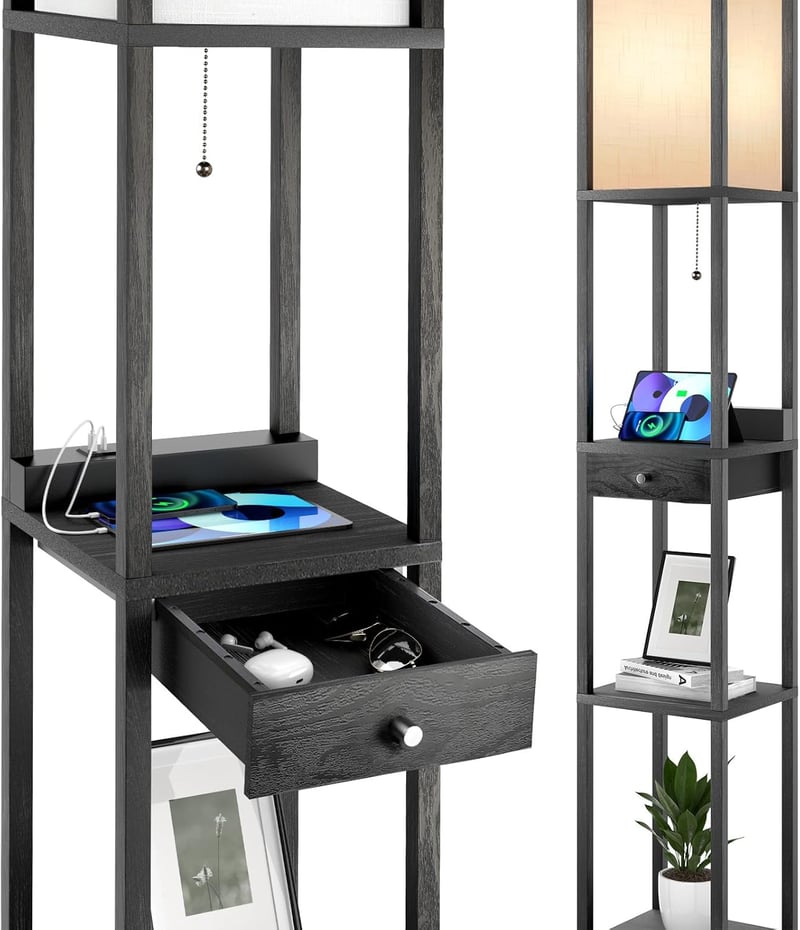 OUTON Fekete Állólámpa Polccal és Fiókkal - Fényerőszabályozós Fa Lámpa 3 Színhőmérséklettel, 2 USB Porttal, E27 Izzóval Nappaliba, Hálószob