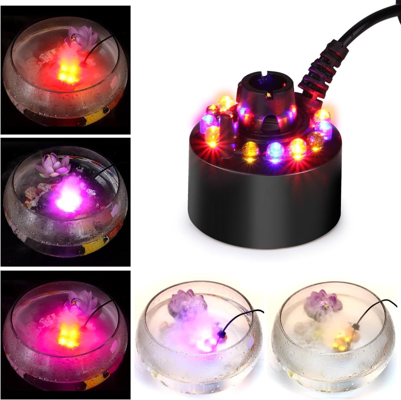 FITNATE Ultrahangos Párásító 12 LED Színváltós Világítással - Szökőkút, Tó, Akvárium Ködgenerátor 400ml/h Párateljesítménnyel, 24V Biztonság
