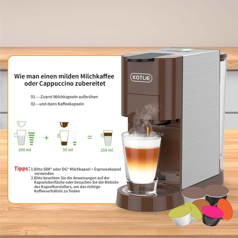 KOTLIE AC-513HF 5 az 1-ben Multifunkciós Kávéfőző - Kompatibilis A Modo Mio/NES/DG/Őrölt Kávé/ESE Kapszulákkal, 800ml Víztartály, Barna
