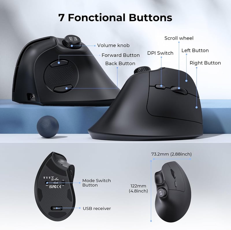 seenda Ergonomikus Vezeték Nélküli Egér Hangerőszabályzóval - Többeszközös Bluetooth/USB Vertikális Egér PC, MacBook, Tablet Használatra - F
