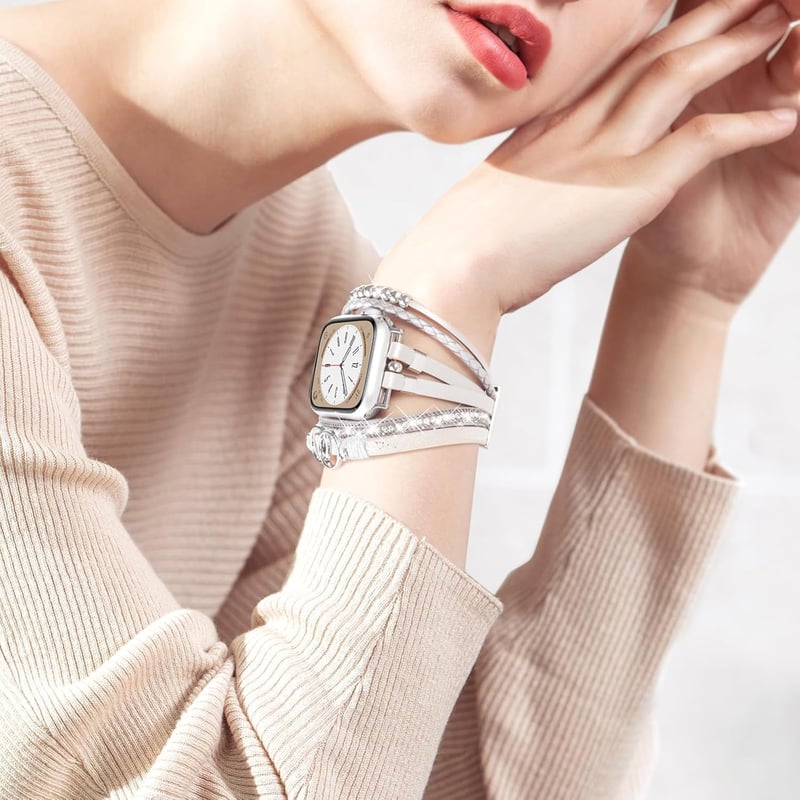 VISOOM Boho Gyöngyös Bőr Szíj Apple Watch 42mm/44mm/45mm/49mm Órához - Női Divatos Kétrétegű Karkötő Series 10/9/8/7/SE Kompatibilis