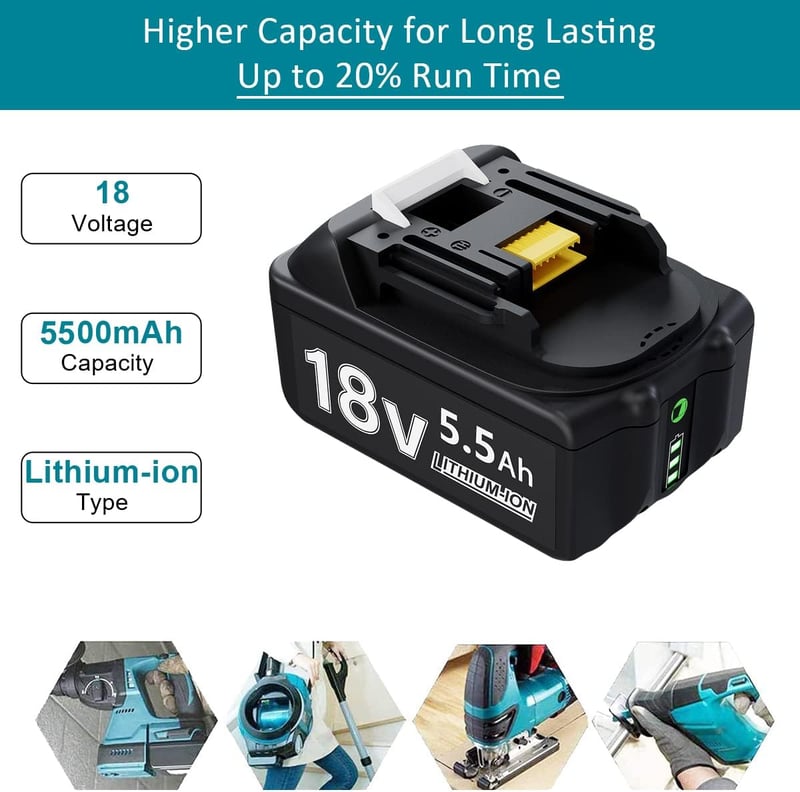 BATTOOL 18V 5500mAh Li-Ion Akkumulátor és Töltő Szett Makita BL1830B BL1840 BL1850 BL1860 LXT-400 Szerszámokhoz, DC18RC 3A