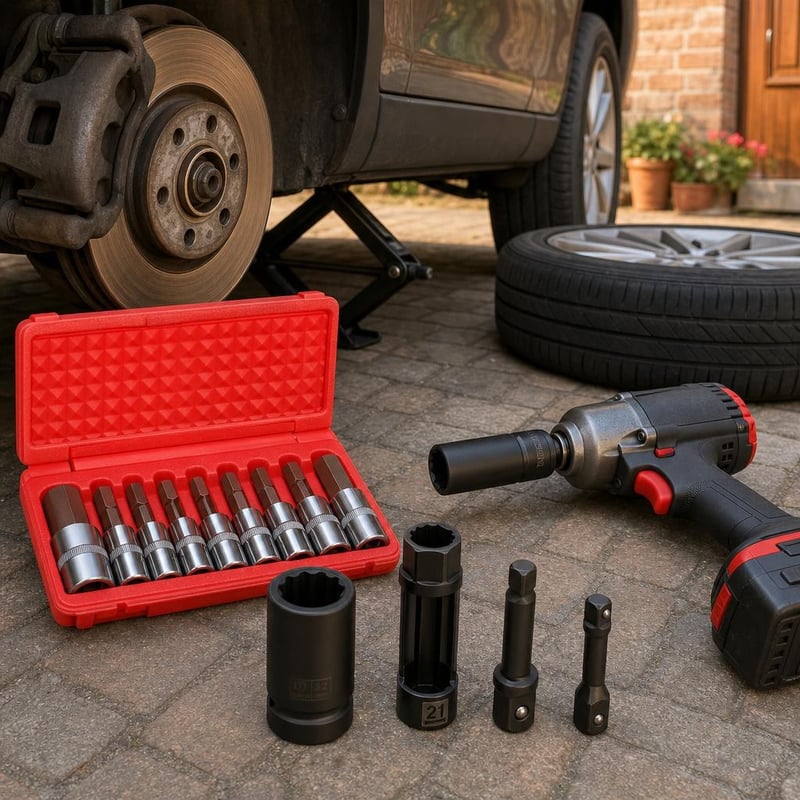 Gumicsere csomag: 15 részes dugókulcs 2,5–14 mm + 32 mm ütőfej + 21 mm dugókulcs + 2 db átalakító
