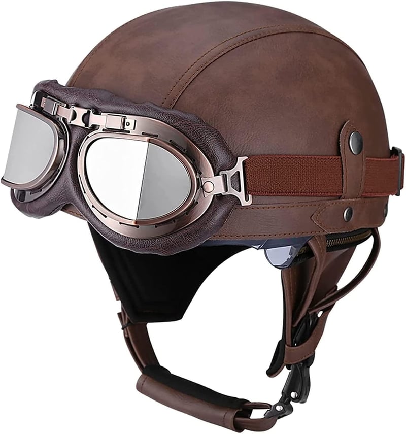 CHICHL Retro Bőr Motorkerékpár Bukósisak Vintage Szemüveggel - Német Stílusú Robogó Sisak S: 55-56 cm
