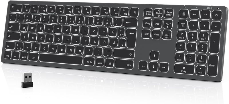 Seenda LED-es vezeték nélküli billentyűzet, QWERTZ, újratölthető, PC/laptop, űrszürke