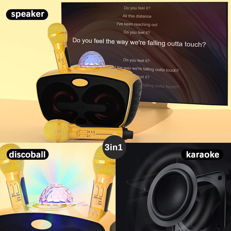 RUBEHOOW Karaoke Gép 2 Vezeték Nélküli Mikrofonnal és Diszkó Fényeffekttel