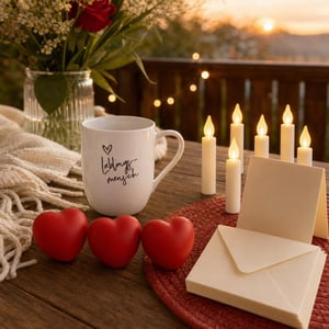Pachet Romantic de Valentine's: cană porțelan + 6 lumânări LED + 3 decorațiuni inimă + felicitări