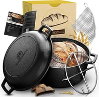 Gusskönig 2in1 Öntöttvas Kenyérsütő Edény 4,8L & Grill Serpenyő 1,8L - Kenyérsütő Forma Fedővel, Tapadásmentes Fekete Öntöttvas Fazék Kiegés 1