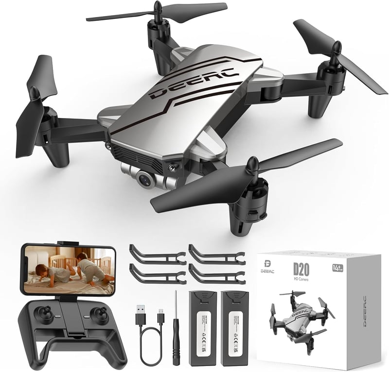 DEERC D20 Összecsukható Mini Drón HD 720P Kamerával, WiFi FPV Élő Közvetítéssel, 2 Akkumulátorral, Hosszú Repülési Idővel, Gesztus Vezérléss