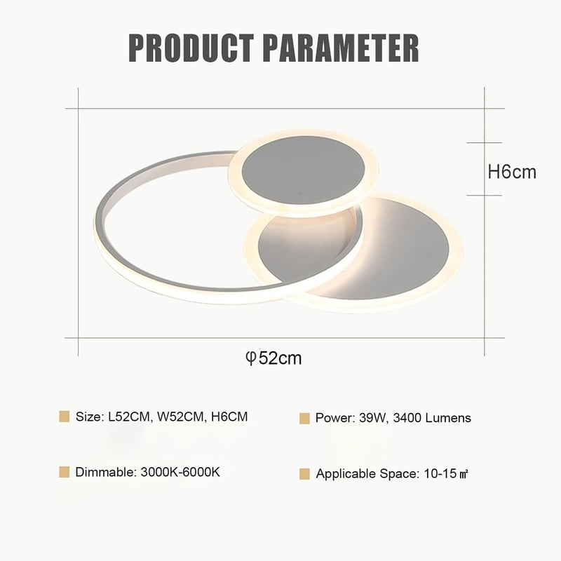LXJCSM Modern Kerek LED Mennyezeti Lámpa 39W, 52cm, Fehér, Szabályozható 3000K-6000K, Távirányítós, 3400 Lumen, Nappali, Hálószoba, Gyereksz
