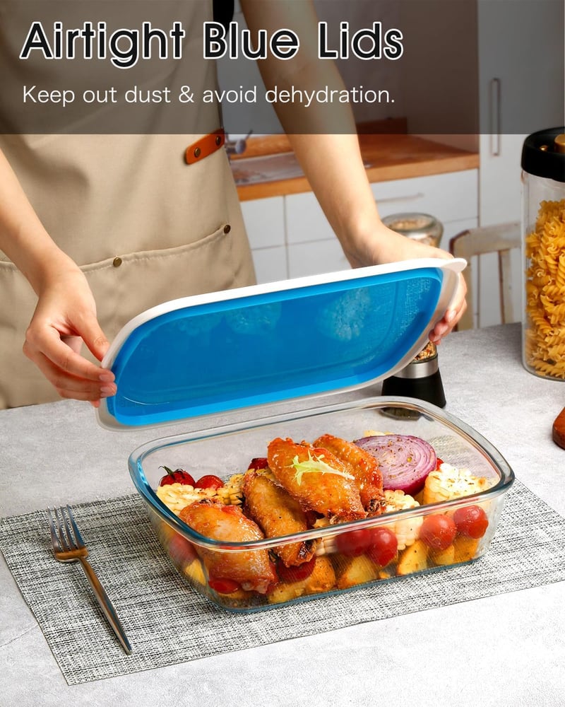 NUTRIUPS Üveg Sütőtál Fedővel 3L - 23x29 cm Téglalap Alakú Jénai Tál, Mikrohullámú Sütőben és Mosogatógépben Használható Lasagne Forma