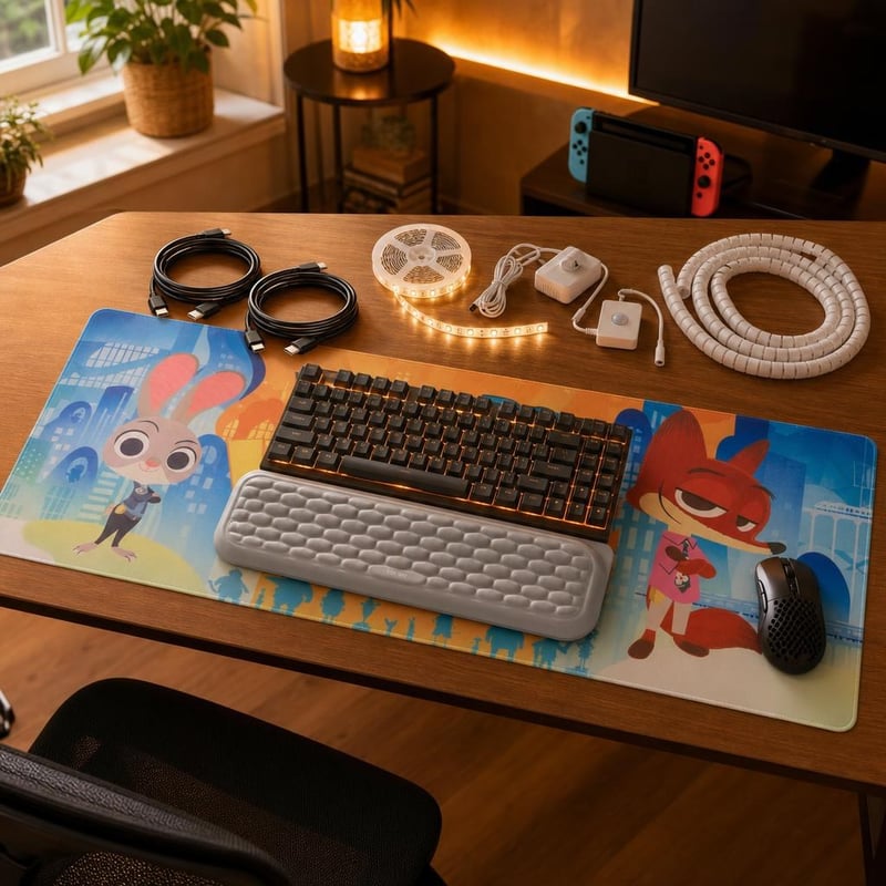 Hangulatos gamerbázis: 2 db USB-C kábel + 5 m LED szalag + XXL egérpad + kábelrendező + L-es csuklótámasz