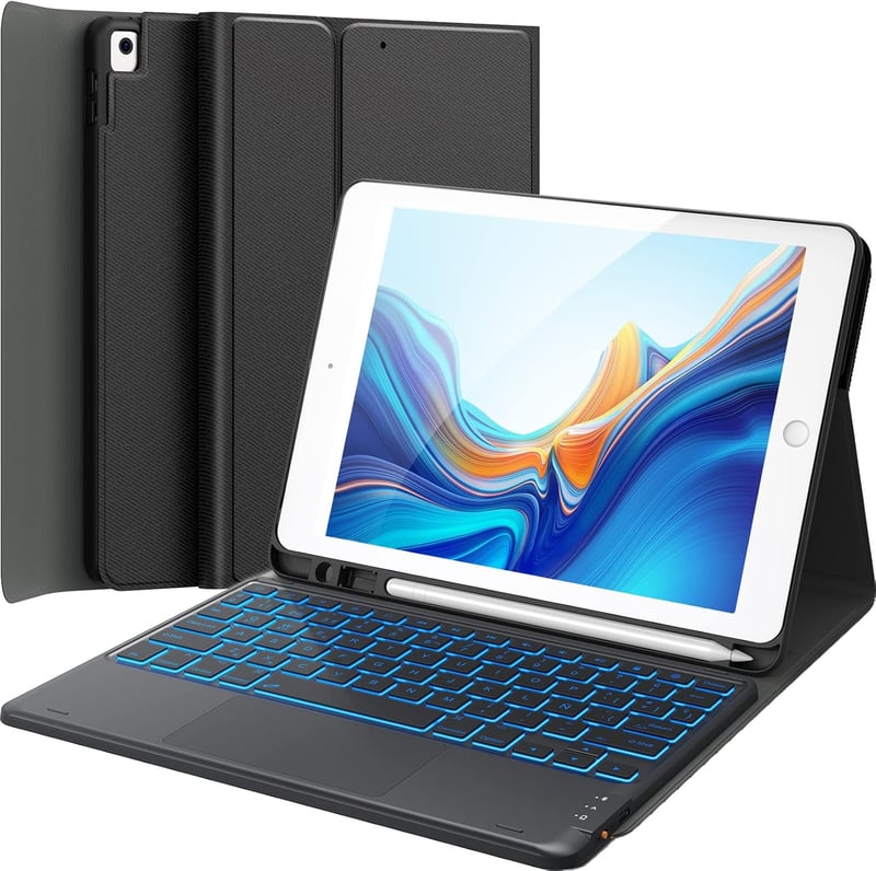 Earto iPad billentyűzet 7 színű háttérvilágítással, 10.2" iPad 9/8/7 generációhoz, fekete