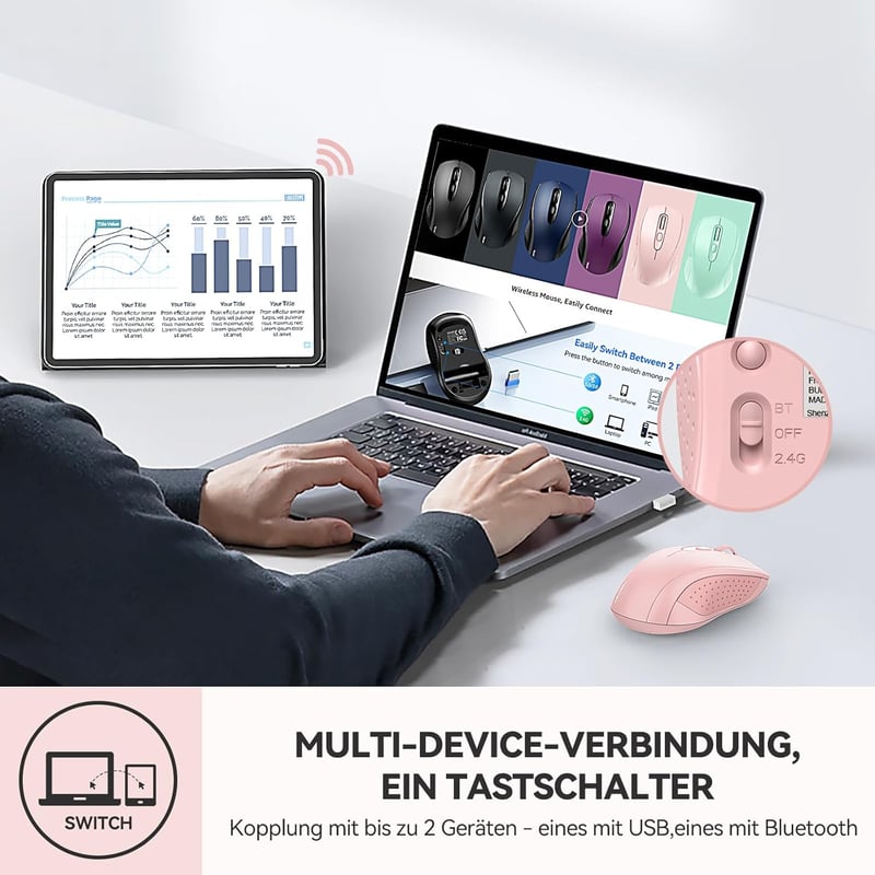 TECKNET Bluetooth Vezeték Nélküli Egér Három Móddal (BT 5.0/3.0 + 2.4GHz), USB Vevővel, Ergonomikus Hordozható Rózsaszín Egér Laptophoz, PC-