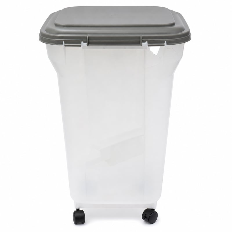 Recipient ermetic pentru hrană animale Iris Ohyama ATS-L cu roți și lopățică, 45 L / 15 kg, gri – mică crăpătură sub capac (outlet)