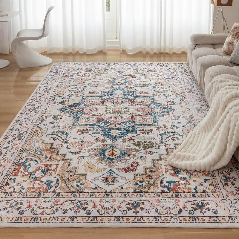CHOSHOME Mosható Szőnyeg 120x170 cm - Vintage Bézs Rövid Szálú Puha Szőnyeg Hálószobába és Nappaliba, Csúszásmentes Mikroszálas Padlószőnyeg