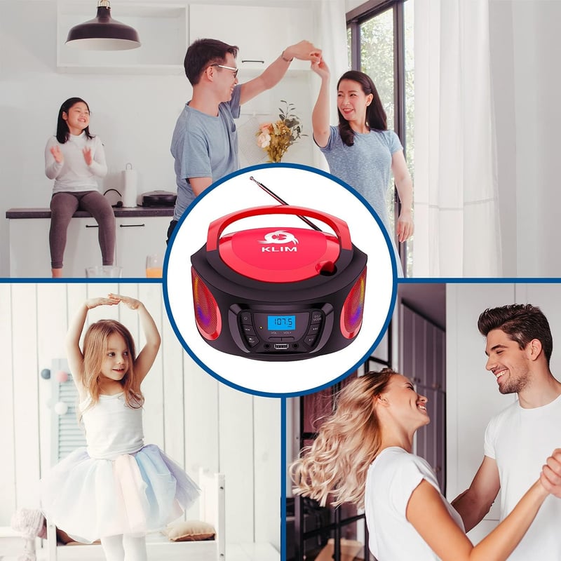 KLIM Boombox Hordozható CD Lejátszó - FM Rádió, Bluetooth, MP3, USB, AUX - Újratölthető Akkumulátor, RGB Világítás, Kompakt Kivitel (Piros)