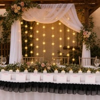 Set za vjenčani stol iz snova: 20m trake + 6m LED lampica + 600×75cm tila + 10 svijećnjaka + 50 kartica 1