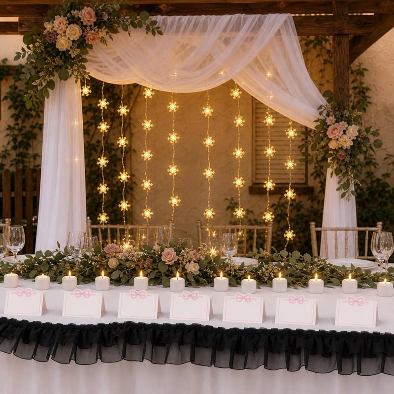 Set za vjenčani stol iz snova: 20m trake + 6m LED lampica + 600×75cm tila + 10 svijećnjaka + 50 kartica
