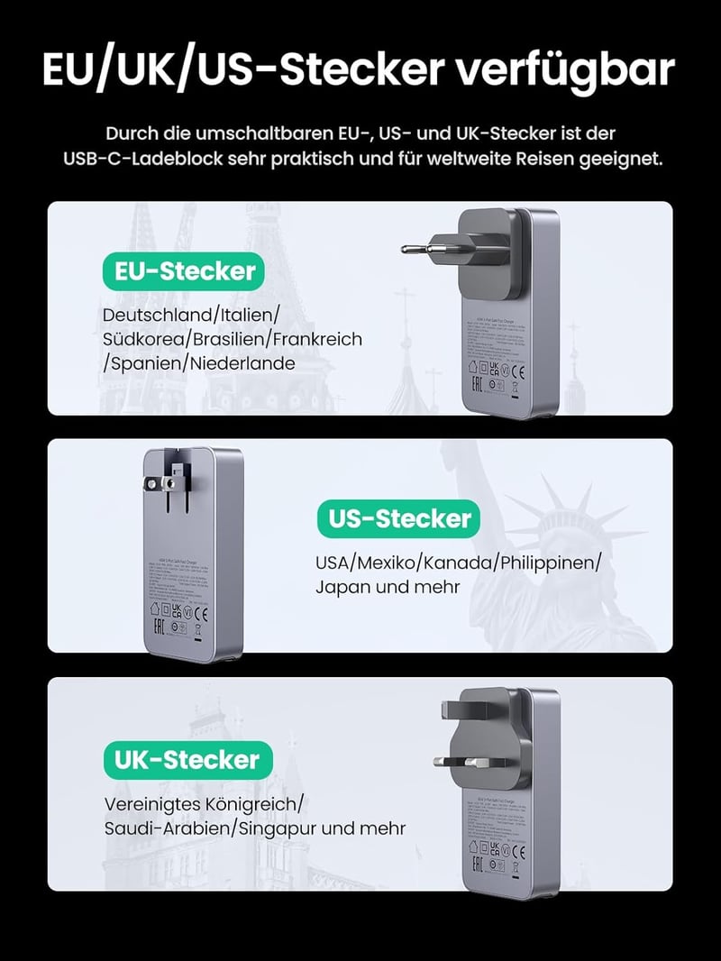 UGREEN Nexode Pro 65W USB-C GaN Töltő - 3 Portos Gyorstöltő MacBook, iPad, iPhone 16, Galaxy S24, Dell XPS Készülékekhez, EU/US/UK Csatlakoz