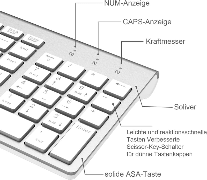 Vezeték nélküli QWERTZ billentyűzet és egér szett - Ergonomikus, vékony, német kiosztású - Fehér-ezüst