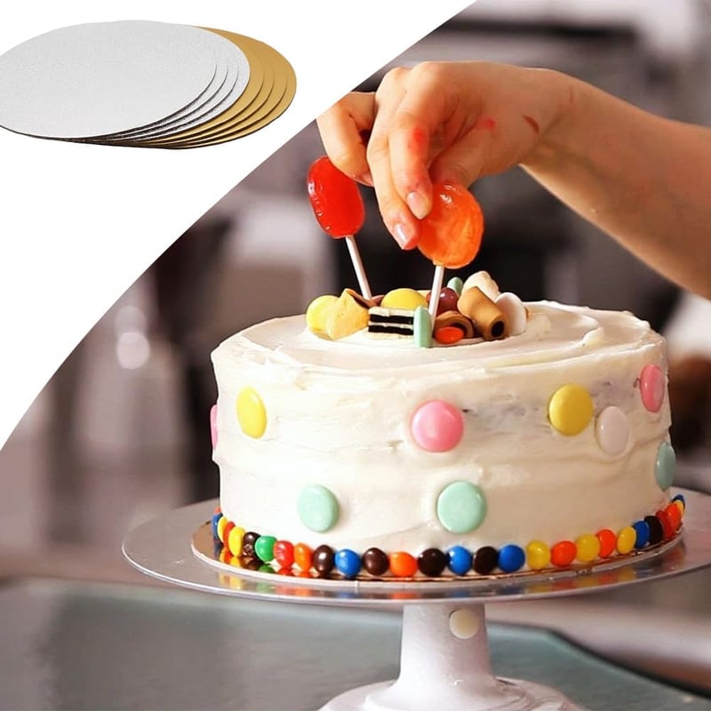 Helweet Tortaalátét Szett - 8 db Kerek Arany és Ezüst Karton Tortalap 20,3 cm - Csúszásgátló Textúrával Süteményekhez, Tortákhoz és Pizzához