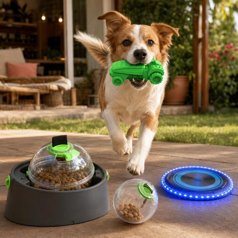 Balíček pre psov: IQ loptička + pískacia hračka + LED frisbee
