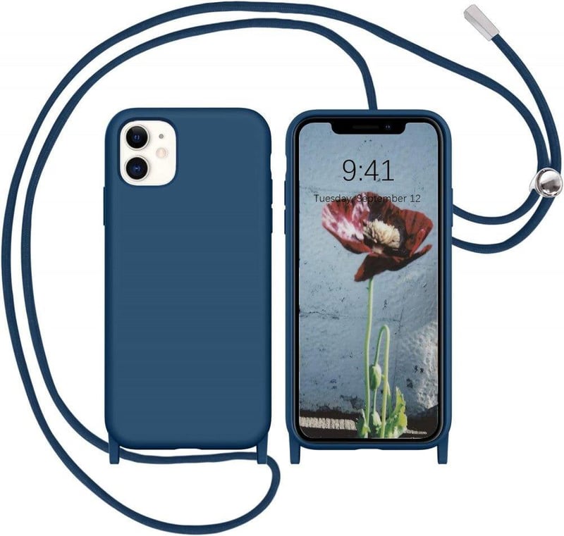 iPhone 11 Sötétkék Szilikon Tok Lánccal, Ütésálló, Mikroszálas Béléssel