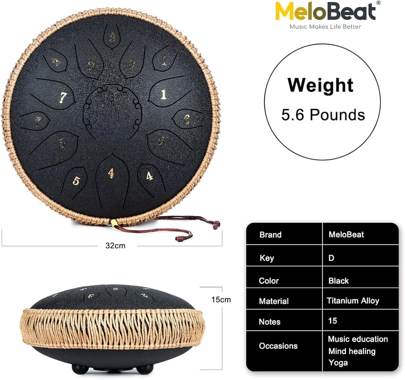 MeloBeat Tongue Drum 12" 15 Hangú D-dúr Acél Handpan Készlet - Professzionális Ütőhangszer Dalkönyvvel, Ütőkkel és Hordtáskával (Fekete)