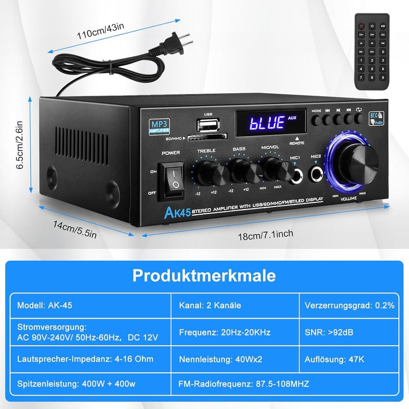 KKMOL AK45 Mini Bluetooth Sztereó Erősítő 400W, USB/SD, Távirányítóval