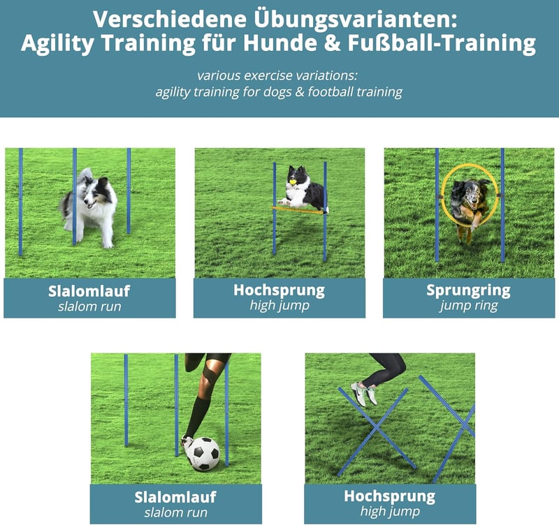 Valuents Agility készlet kutyáknak - Slalom rudak, akadályok, ugrókeret - Kék/sárga + Frizbi